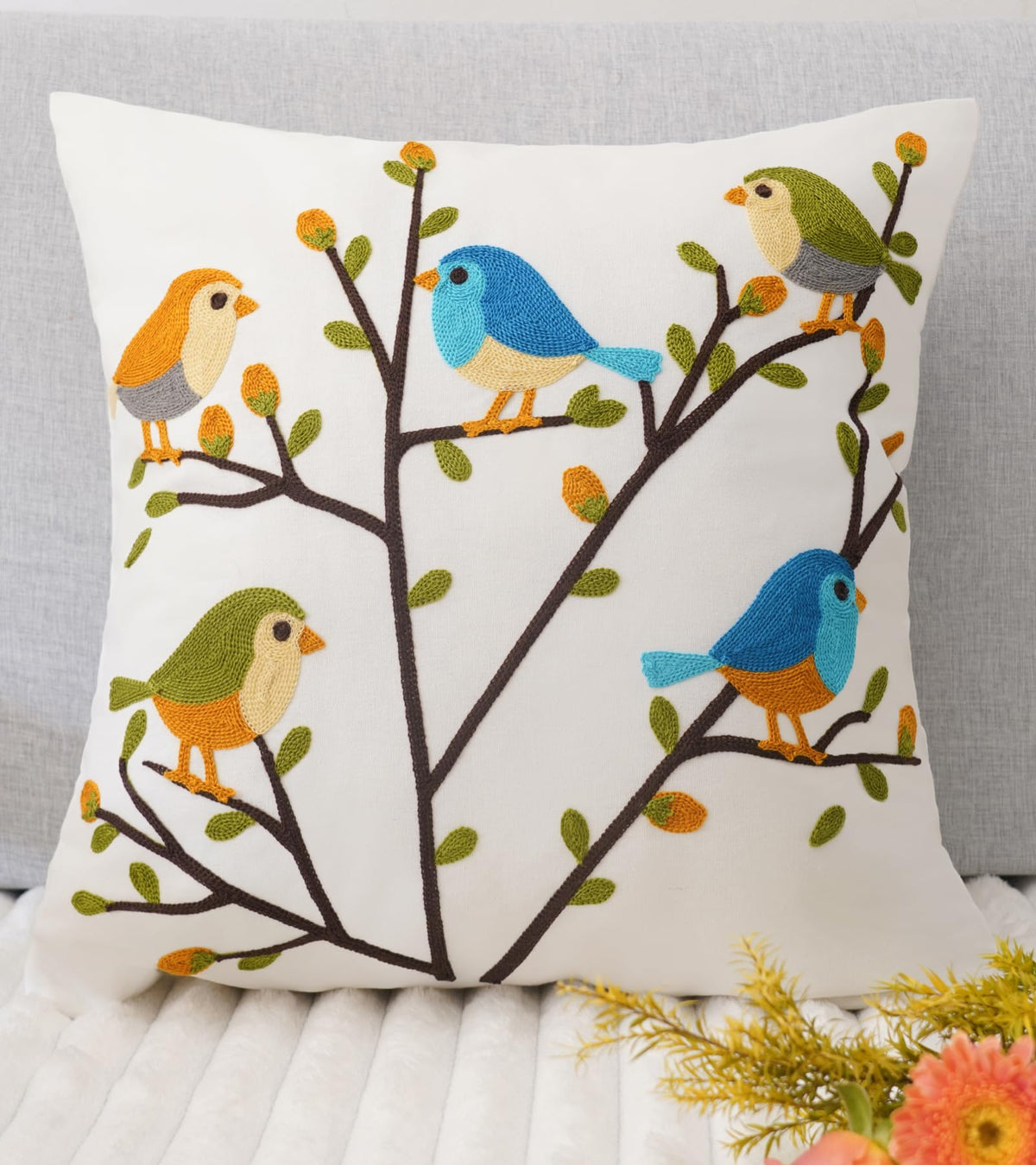 Puresora Bird Embroidered Throw Pillow Cover 18x18, 1 Pc
