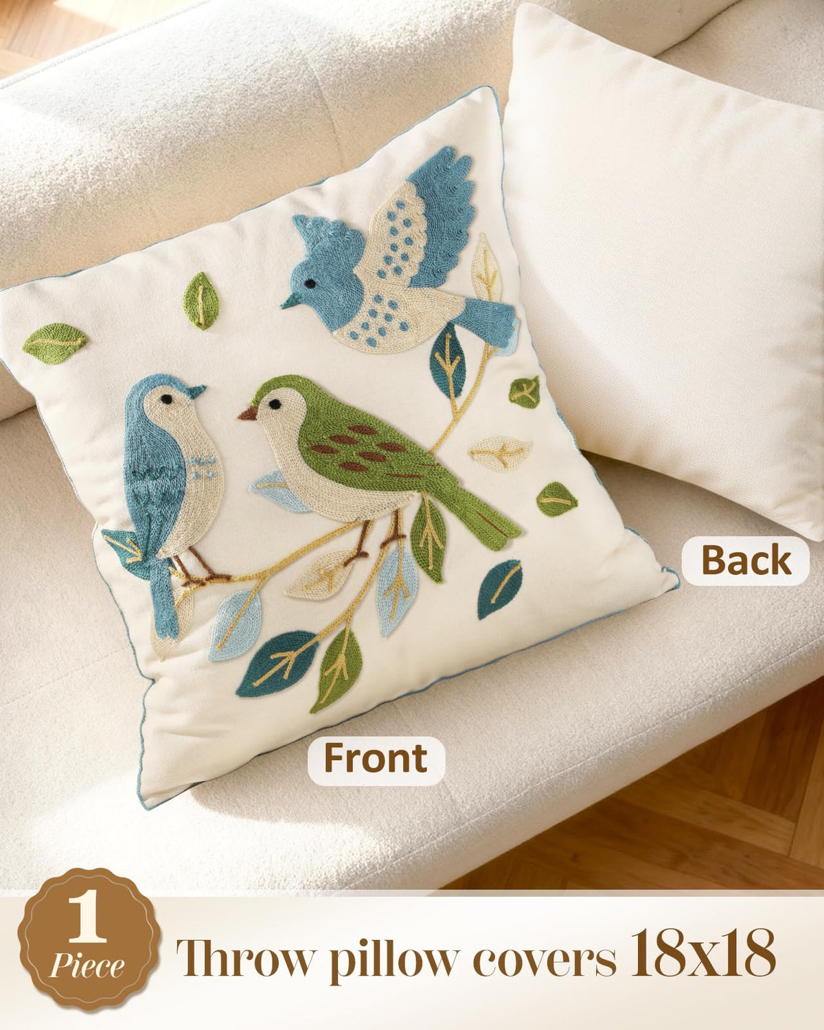 Kokaaee Floral Birds Embroidered Throw Pillow Cover 18x18