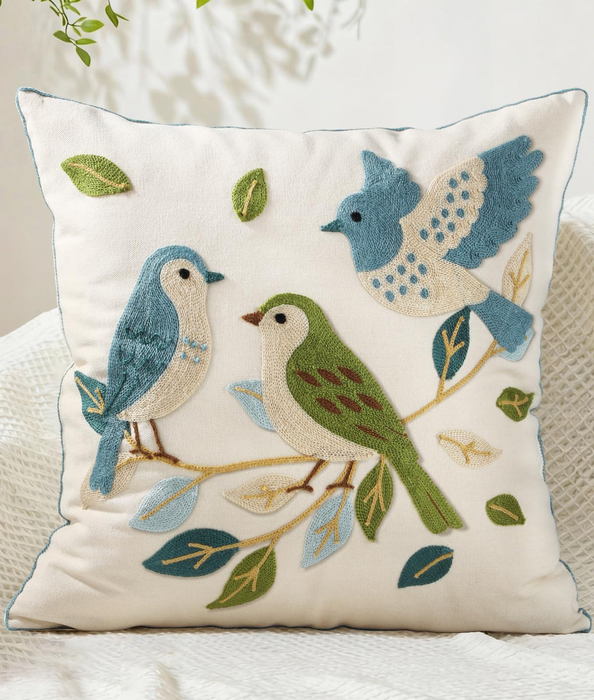 Kokaaee Floral Birds Embroidered Throw Pillow Cover 18x18