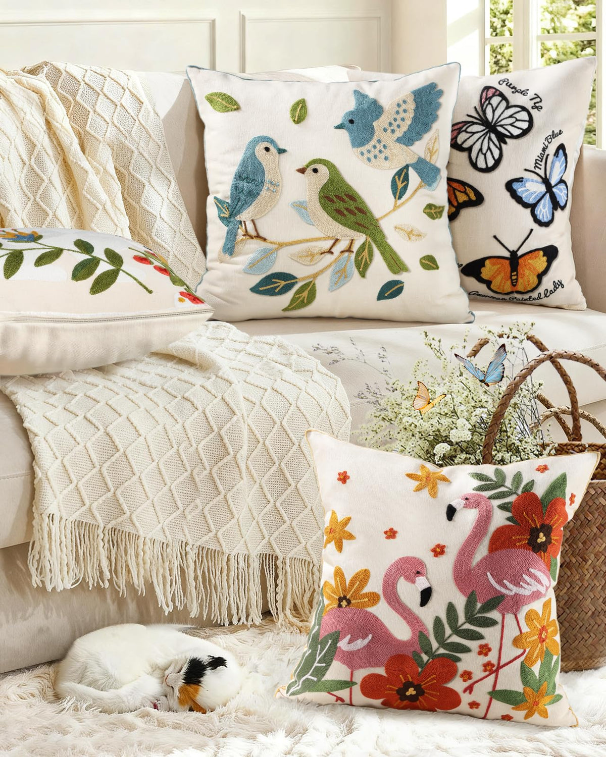 Kokaaee Floral Birds Embroidered Throw Pillow Cover 18x18
