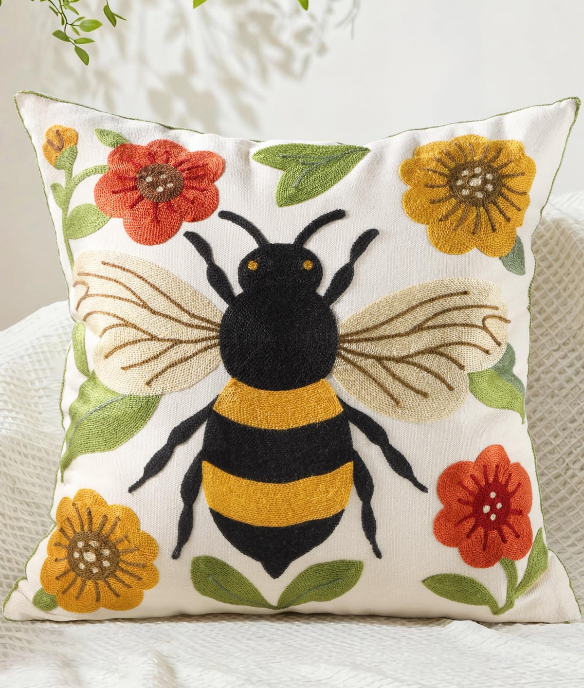 Kokaaee Bee Floral Embroidered Throw Pillow Cover 18x18