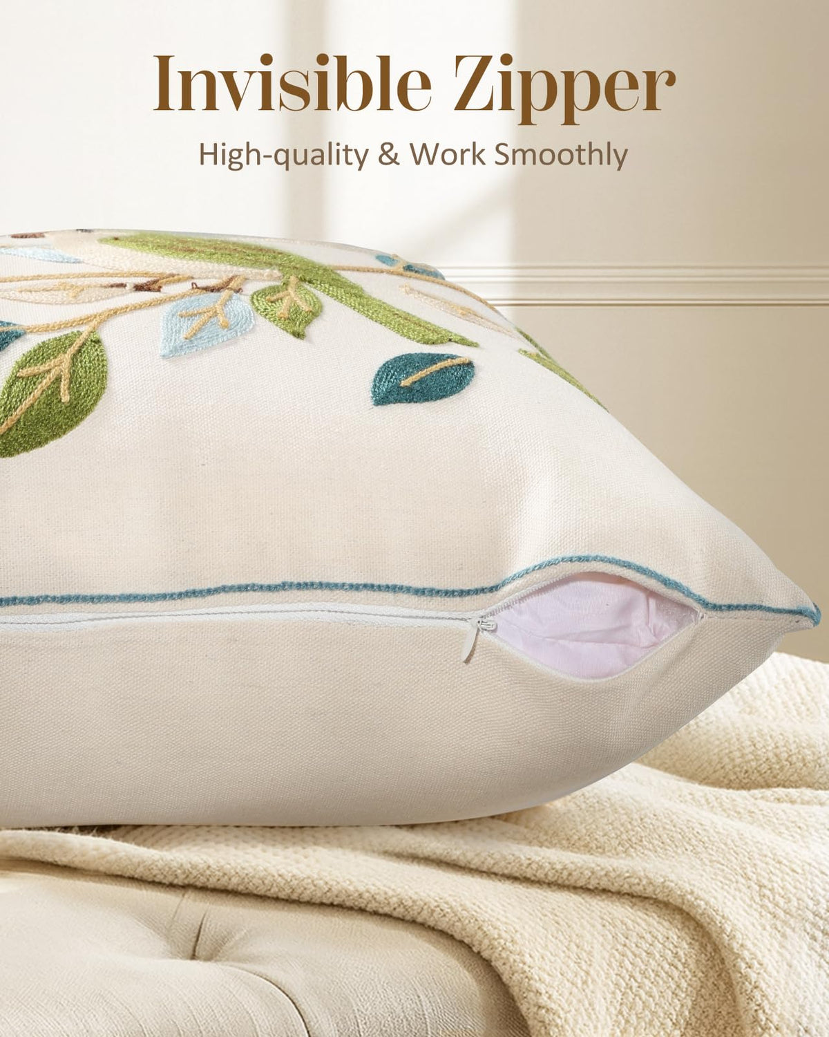 Kokaaee Floral Birds Embroidered Throw Pillow Cover 18x18