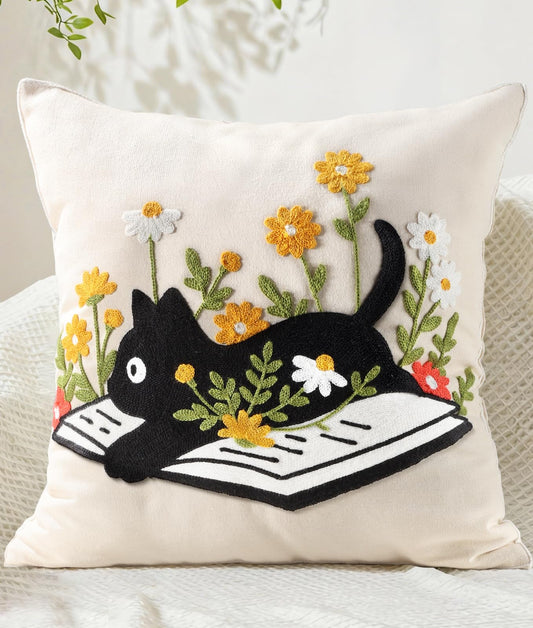 Kokaaee Cat Floral Embroidered Throw Pillow Cover 18x18