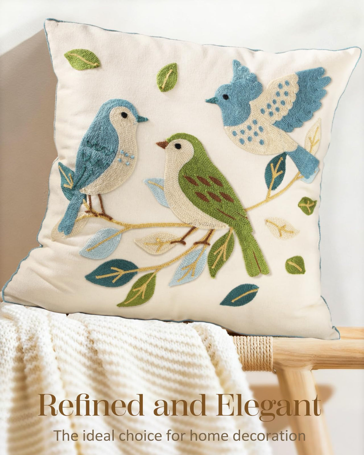 Kokaaee Floral Birds Embroidered Throw Pillow Cover 18x18