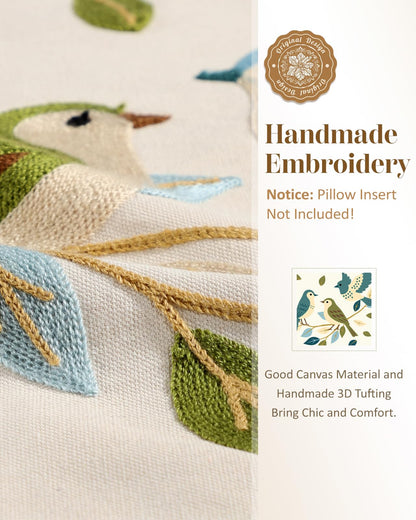 Kokaaee Floral Birds Embroidered Throw Pillow Cover 18x18