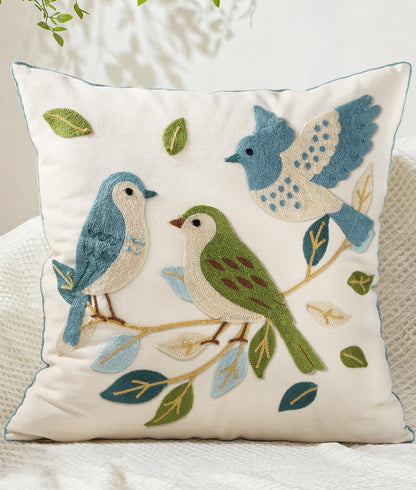 Kokaaee Floral Birds Embroidered Throw Pillow Cover 18x18
