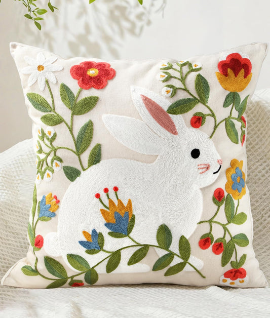 Kokaaee Rabbit Floral Embroidered Throw Pillow Cover 18x18