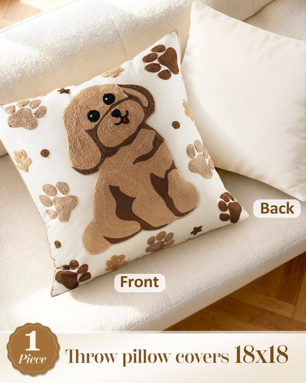 Kokaaee Animal Embroidered Throw Pillow Cover 18x18 Inch, Cute Dog