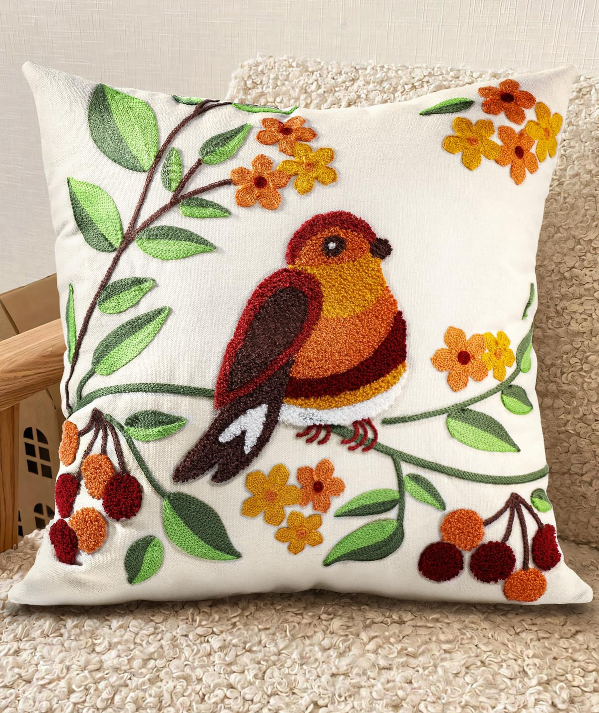 Kokaaee Tree Bird Embroidered Throw Pillow Cover 18x18