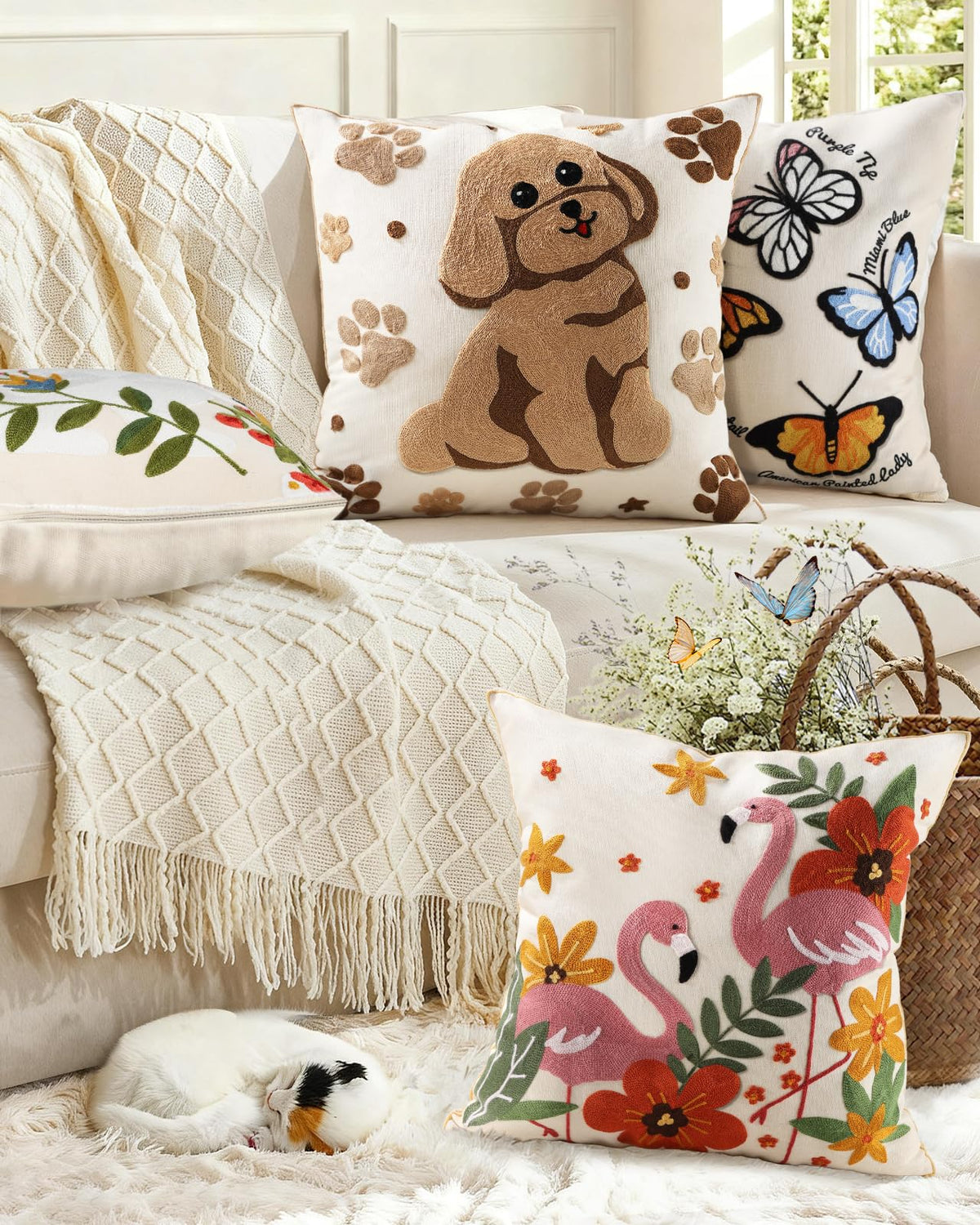 Kokaaee Animal Embroidered Throw Pillow Cover 18x18 Inch, Cute Dog